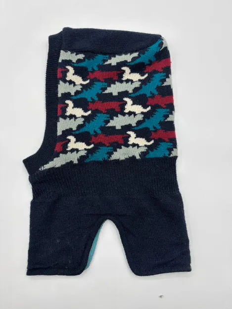 Ärmelloser Hundepullover in Dunkelblau mit farbenfrohem abstraktem Vogel-Intarsia-Muster in Petrol, Bordeaux und Creme, flach fotografiert