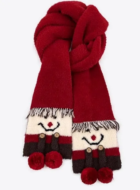 Roter flauschiger Winterschal mit Schneemanngesichtern an beiden Enden, besticktem Lächeln, gestreiftem Körper, Holzknöpfen und roten Pompom-Akzenten