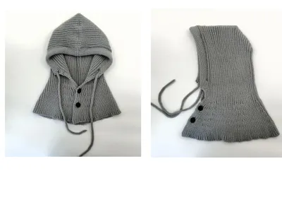 Grauer Rippenstrick-Balaclava-Kapuzenhal mit Kordelzug und schwarzem Knopfverschluss, Vorder- und Rückansicht
