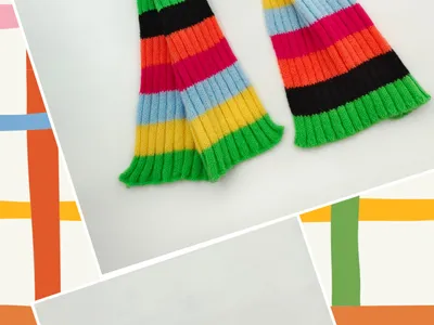 Leuchtend buntes geripptes Strick-Set aus Schal und Mütze mit Regenbogenstreifen in Grün, Gelb, Orange, Knallpink, Schwarz und Hellblau