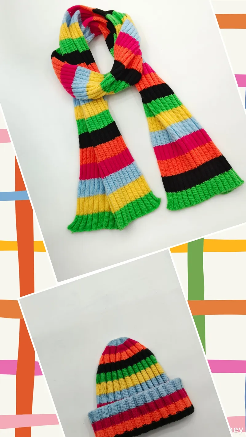 Leuchtend buntes geripptes Strick-Set aus Schal und Mütze mit Regenbogenstreifen in Grün, Gelb, Orange, Knallpink, Schwarz und Hellblau