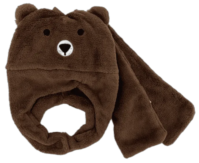 Rosa flauschige Kinder-Ohrenwärmer mit süßem Tiergesicht, aufgestickten Augen und Näschen, weißer Hintergrund