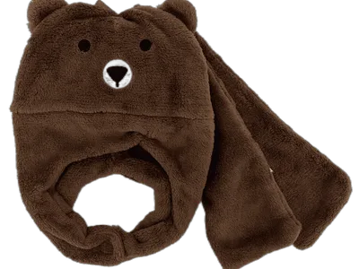 Rosa flauschige Kinder-Ohrenwärmer mit süßem Tiergesicht, aufgestickten Augen und Näschen, weißer Hintergrund
