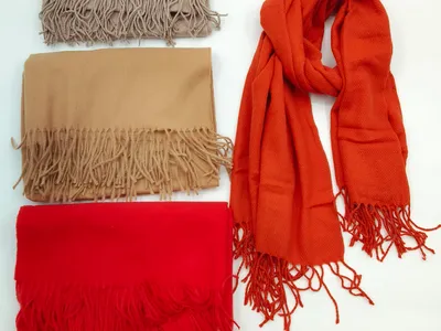 Vier unifarbene Schals im Pashmina-Stil mit weichen Fransenkanten in Beige, Kamelbraun, Rot und Terrakotta – einer ausgelegt, drei gefaltet auf weißem Hintergrund