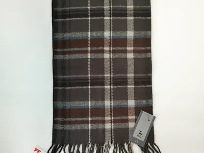 Herrenschal im Schottenkaro-Muster in Grau und Braun mit weißen und blauen Akzenten sowie geknoteten Fransenenden, flach auf weißem Hintergrund