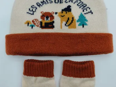 Creme und rostfarbenes Baby-Strickset aus Mütze mit Intarsia-Waldtiermotiven und passenden Babyschuhen, flach auf hellem Hintergrund
