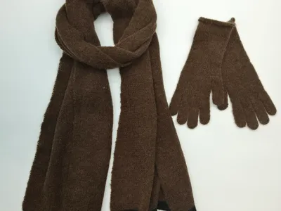 Braunes Strick-Schal und passendes Handschuh-Set mit schwarzem Kontrastrand auf weißem Hintergrund