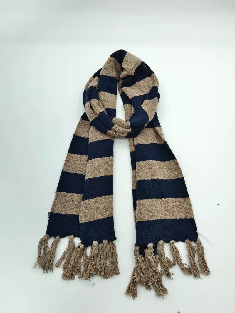 Locker geschlungener Winterschal aus Strick in Dunkelblau und Beige mit breiten Streifen und langen Fransenenden auf weißem Hintergrund