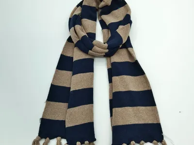 Locker geschlungener Winterschal aus Strick in Dunkelblau und Beige mit breiten Streifen und langen Fransenenden auf weißem Hintergrund
