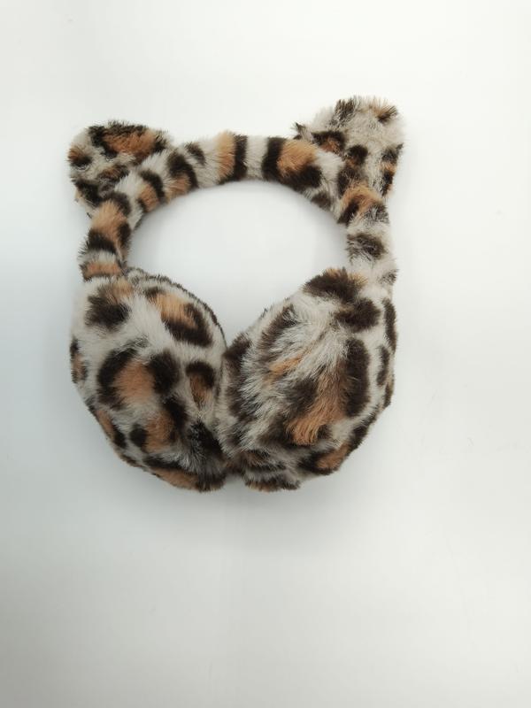 Flauschige Ohrenschützer im Leopardenmuster aus Kunstfell mit niedlichen Katzenohren, braun-beige Töne, Produktfoto auf hellem Untergrund