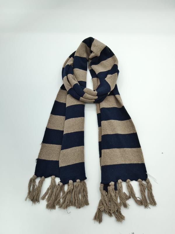 Locker geschlungener Winterschal aus Strick in Dunkelblau und Beige mit breiten Streifen und langen Fransenenden auf weißem Hintergrund