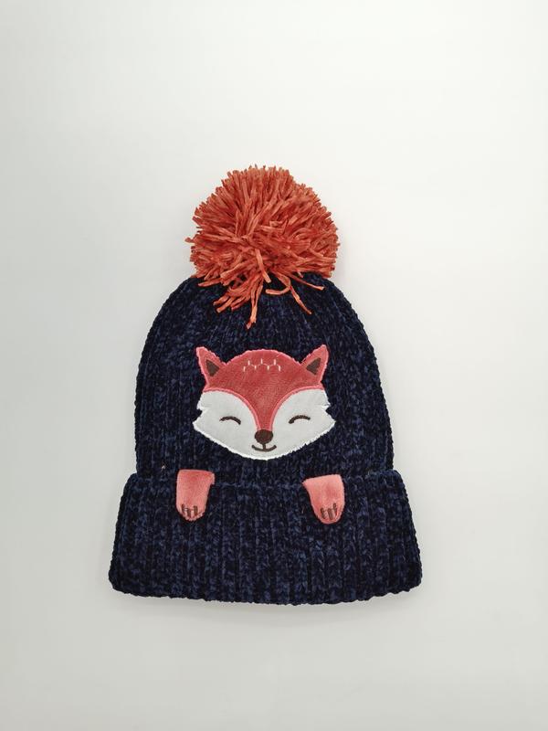 Dunkelblaue Chenille-Rippenstrick-Kindermütze mit gesticktem Fuchsgesicht-Applikation und rostorangenem Bommel oben