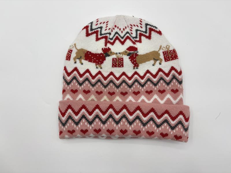 Rosafarbene Strickmütze mit klassischem Fair-Isle-Zickzackmuster, Dackelmotiven mit Weihnachtsmützen und roten Herzchen-Details