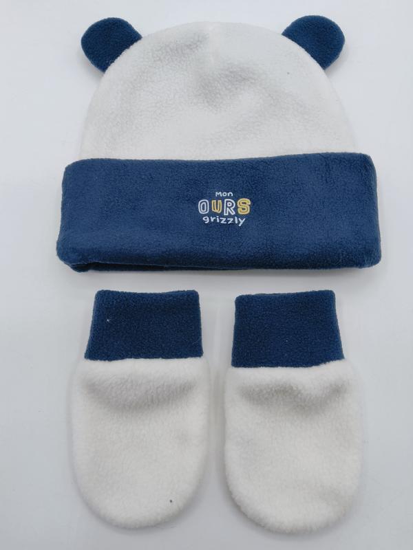 Weiche Fleece-Babymütze mit niedlichen Bärenohren in Dunkelblau und Weiß, Set mit passenden Babyhandschuhen, Aufschrift Mon Ours Grizzly