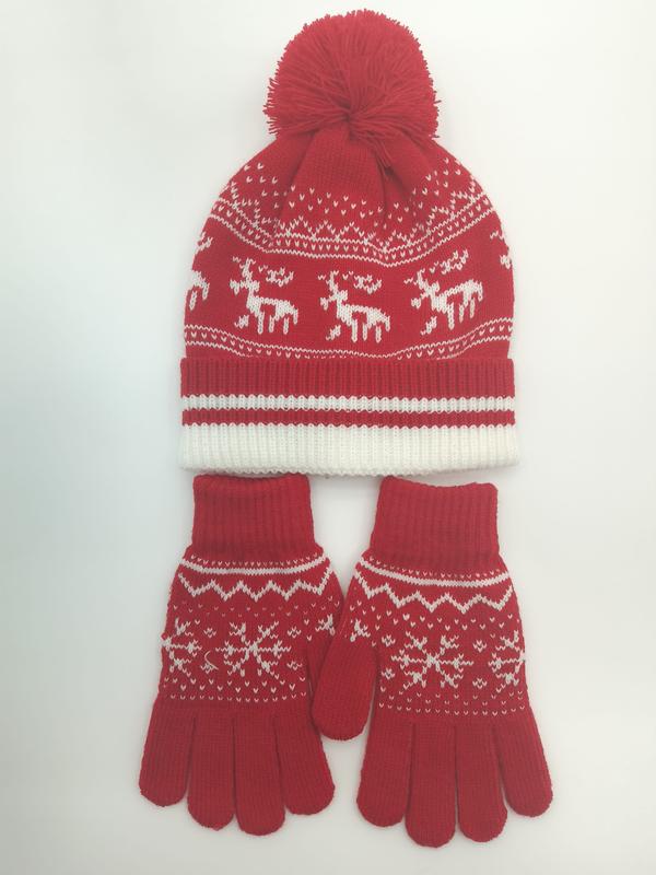 Rote und weiße Fair-Isle-Strickmütze mit Bommel und dazu passende Handschuhe mit Rentier-Muster im Set