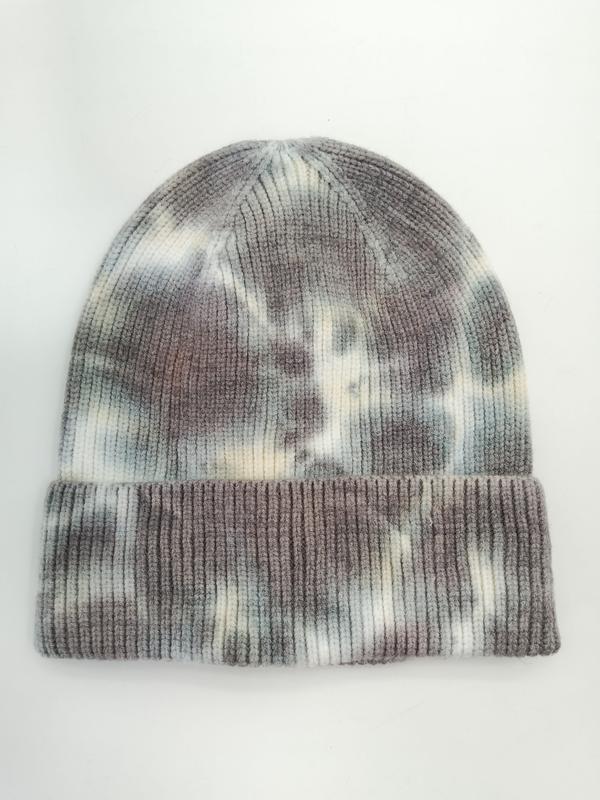 Rippenstrick-Beanie mit Batikfärbung in Grau-, Creme- und Brauntönen mit Umschlagbündchen, Detailansicht